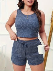  Ribbed Tank Crop Top & Drawstring Shorts Set