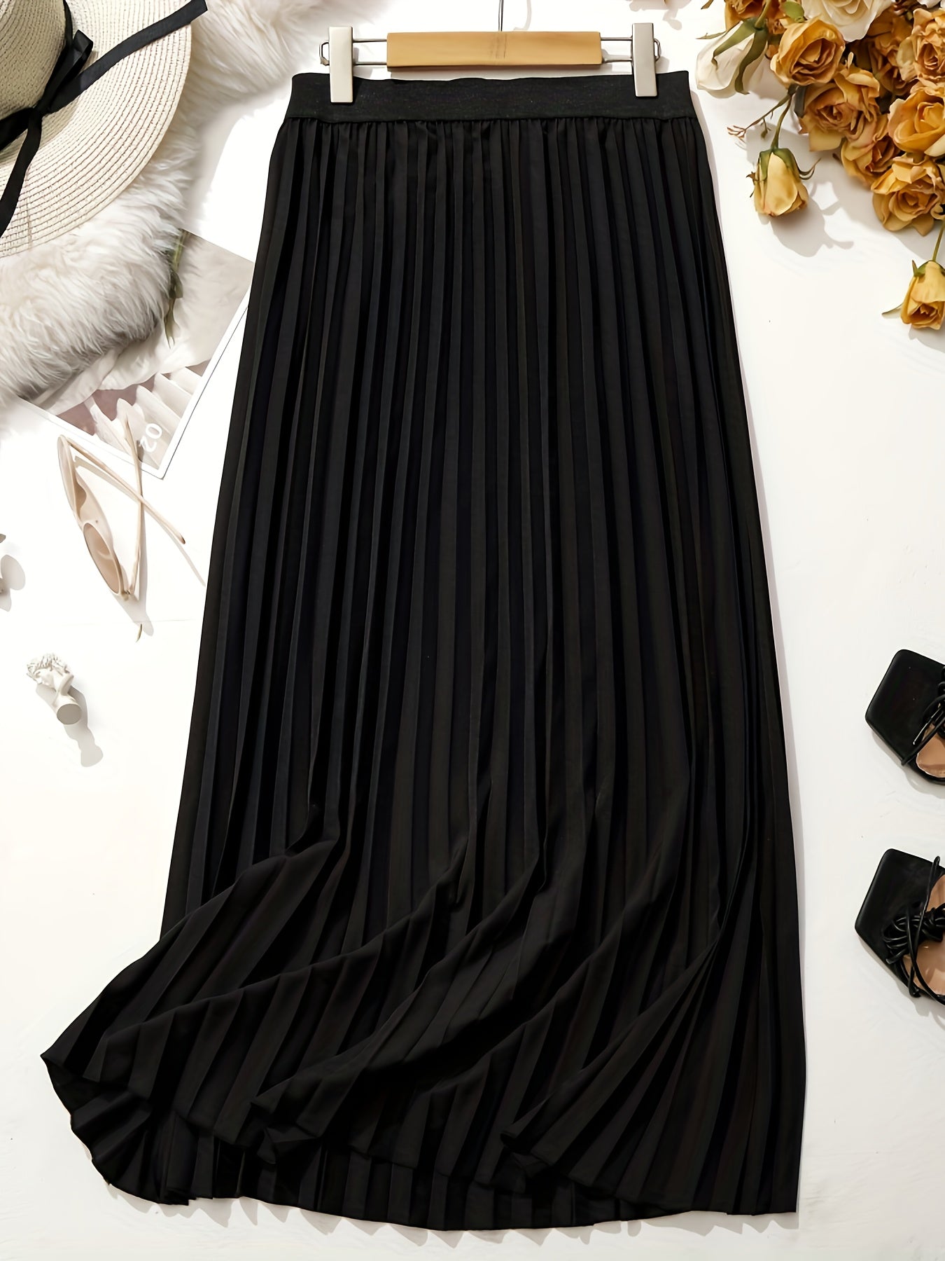  Solid Elastic Waisted A line Swing Skirt