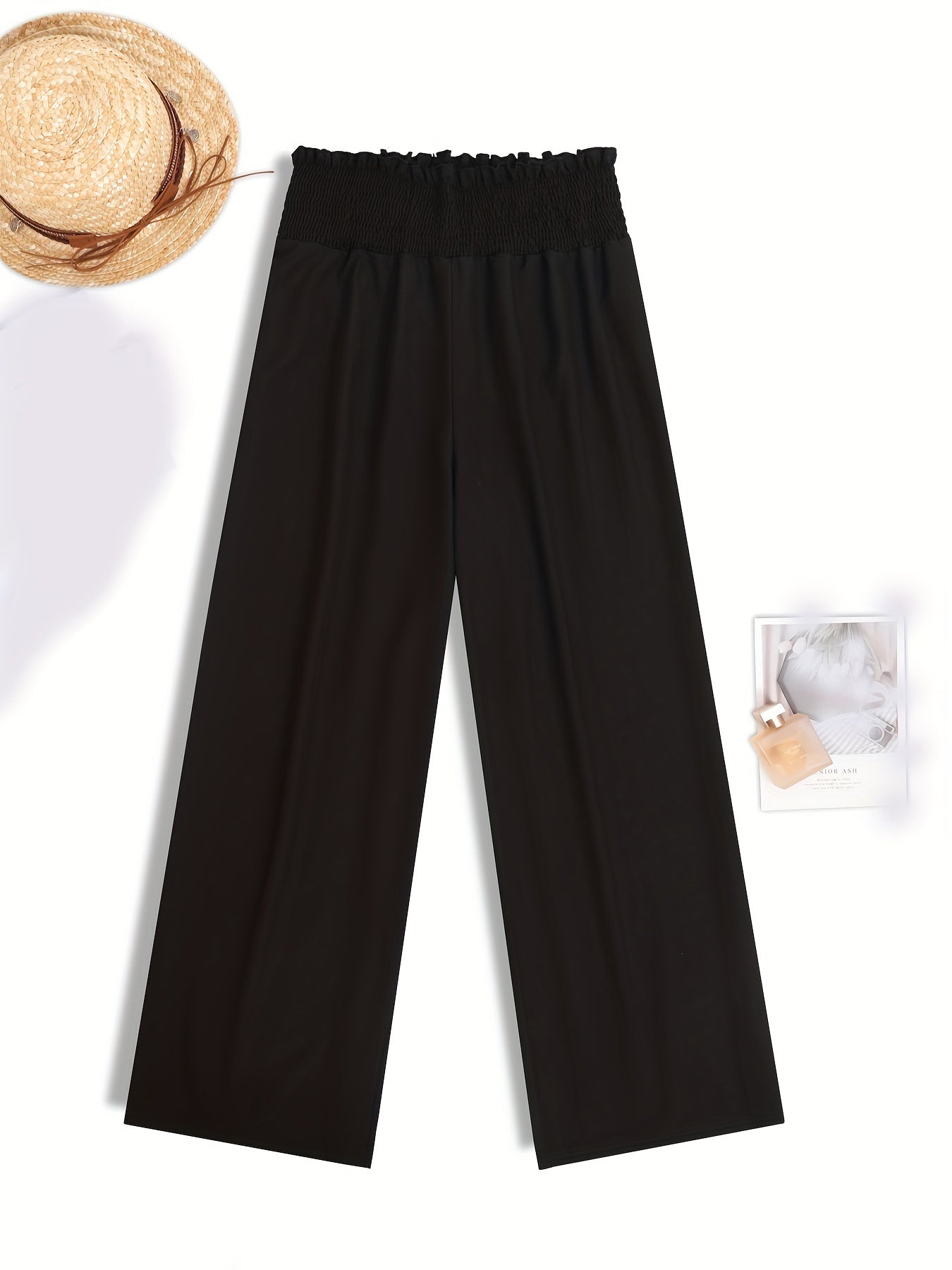  Wide Leg Pants Shirred Waist High Rise Solid Casual