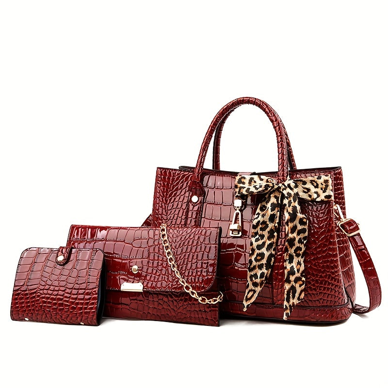 3 Pcs Crocodile Embossed Bag Set Tote Shoulder Clutch Card Case