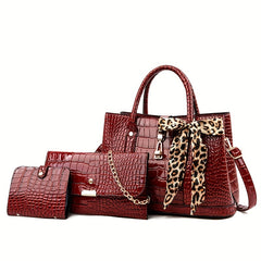 3 Pcs Crocodile Embossed Bag Set Tote Shoulder Clutch Card Case