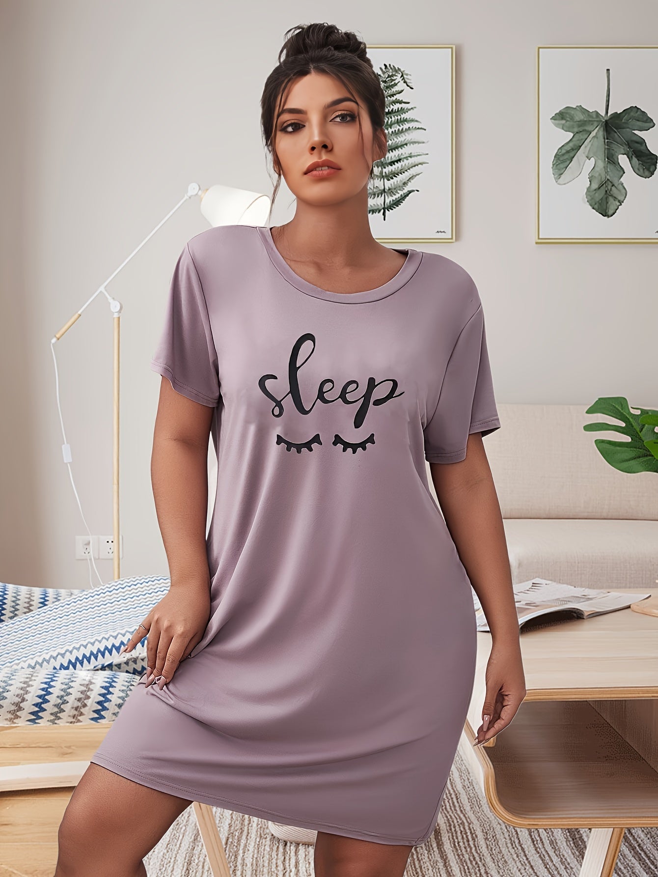  Nightdress Women's Plus Letter & Eyelash Print Short Sleeve