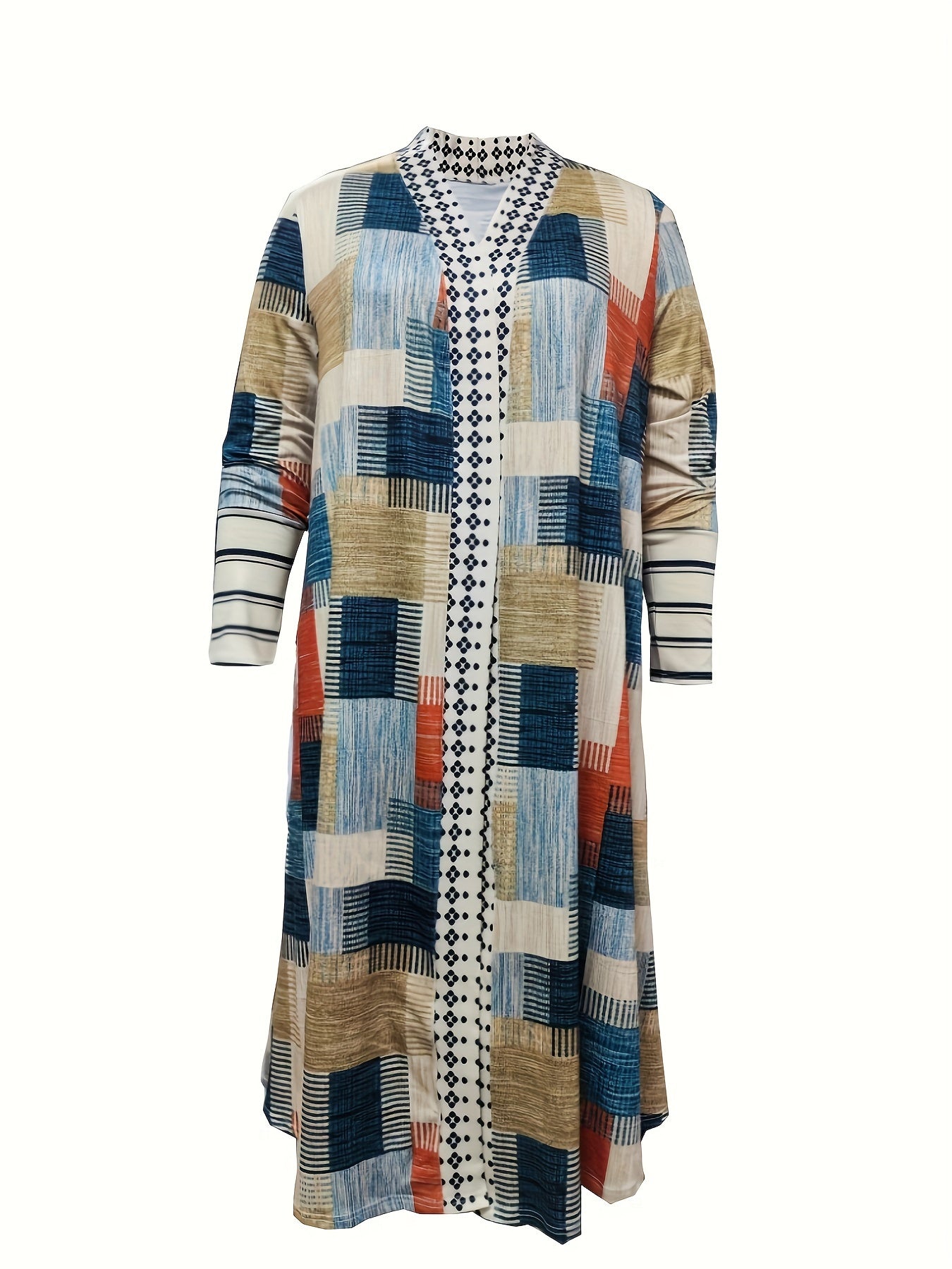  Colorblock Geometric Print Open Front Cardigan