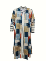  Colorblock Geometric Print Open Front Cardigan