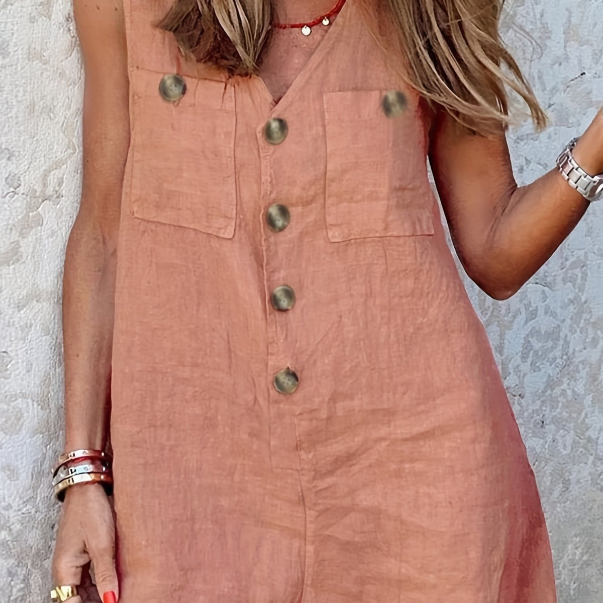  Casual Romper Women's Plus Plain V Neck Button Up Loose Romper