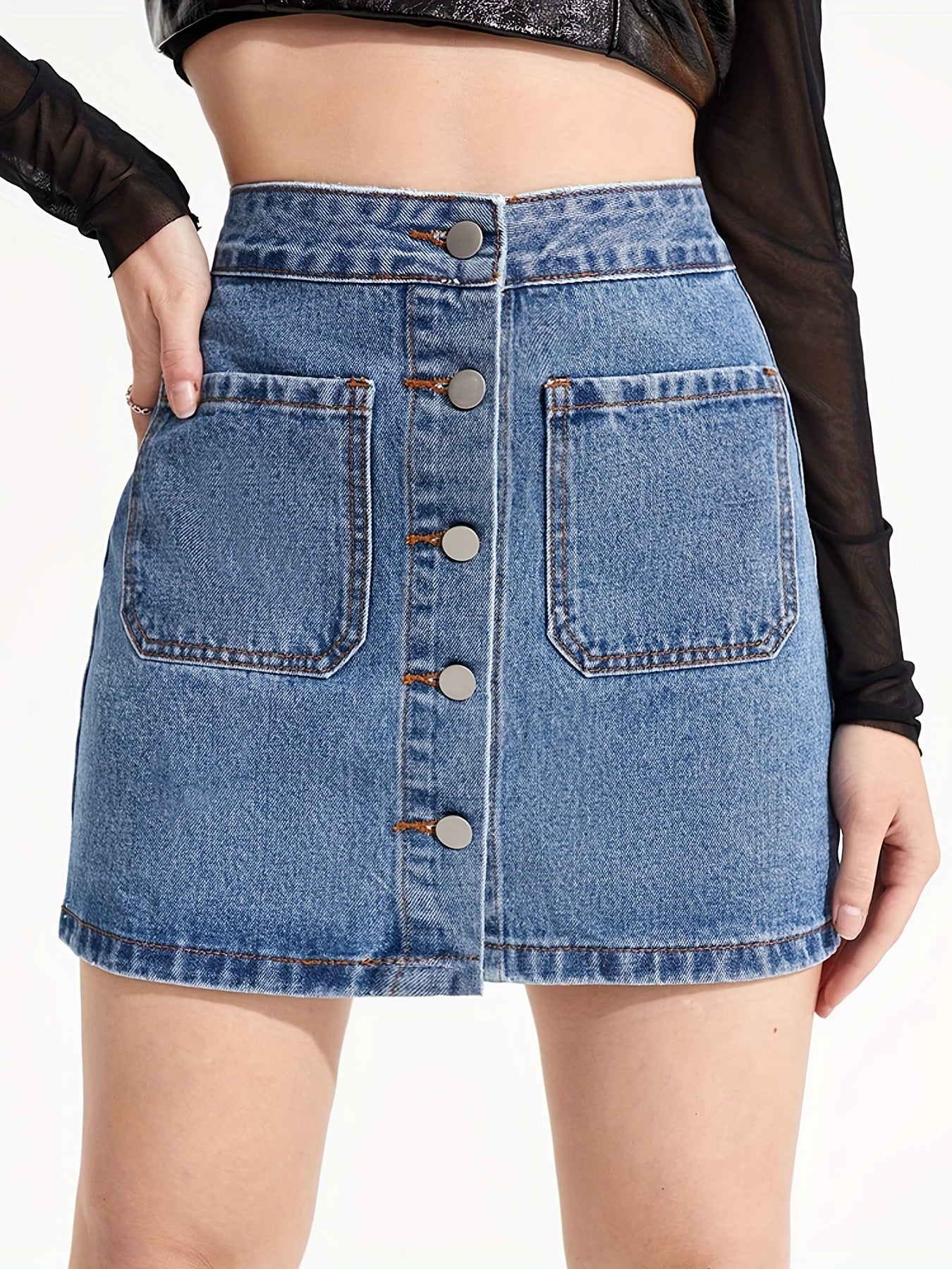 Mid Waist Denim Skirt Single Breasted Patch Pockets