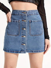 Mid Waist Denim Skirt Single Breasted Patch Pockets