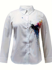 Plus Dragonfly Print Button Up Long Sleeve Blouse