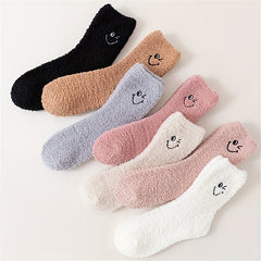 7 Pairs Smile Print Fuzzy Socks Comfy & Warm Mid Tube Socks