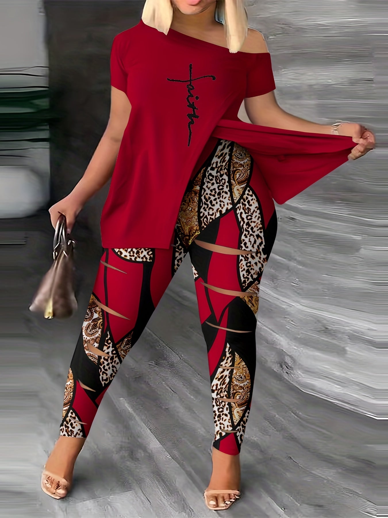  Cross Letter Print Short Sleeve Tee & Leggings Set