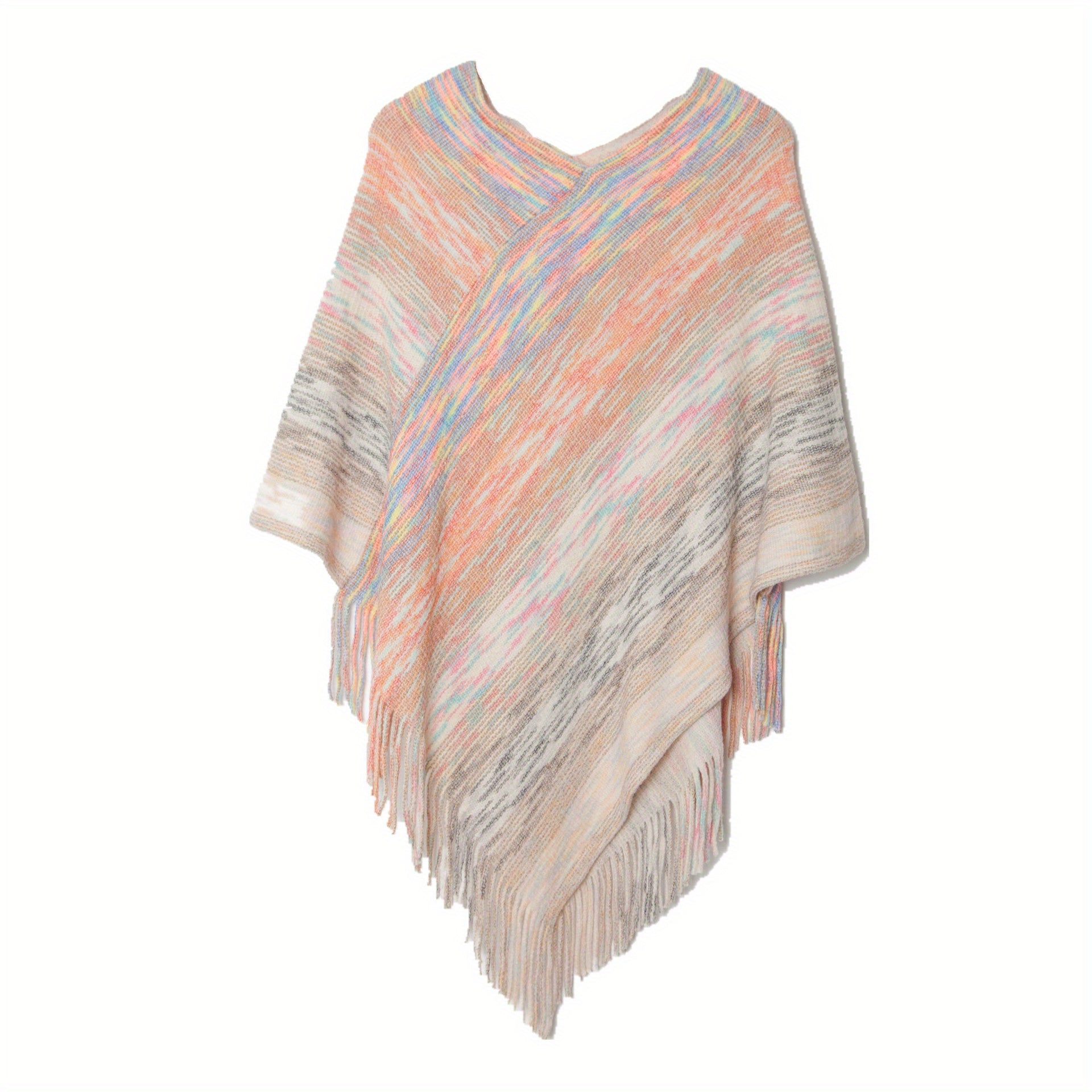Women's V Neck Pullover Shawl Tassel Knitted Wrap Cloak