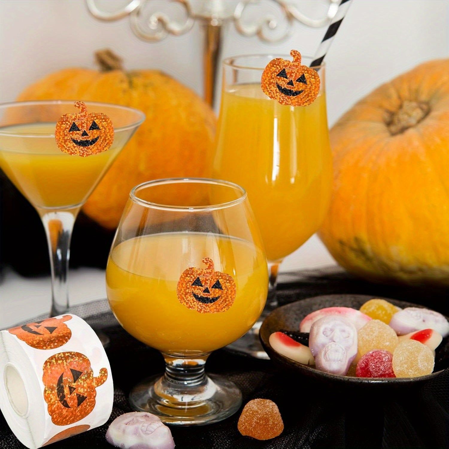 500pcs Holographic Pumpkin Face Stickers Orange Glitter Decals