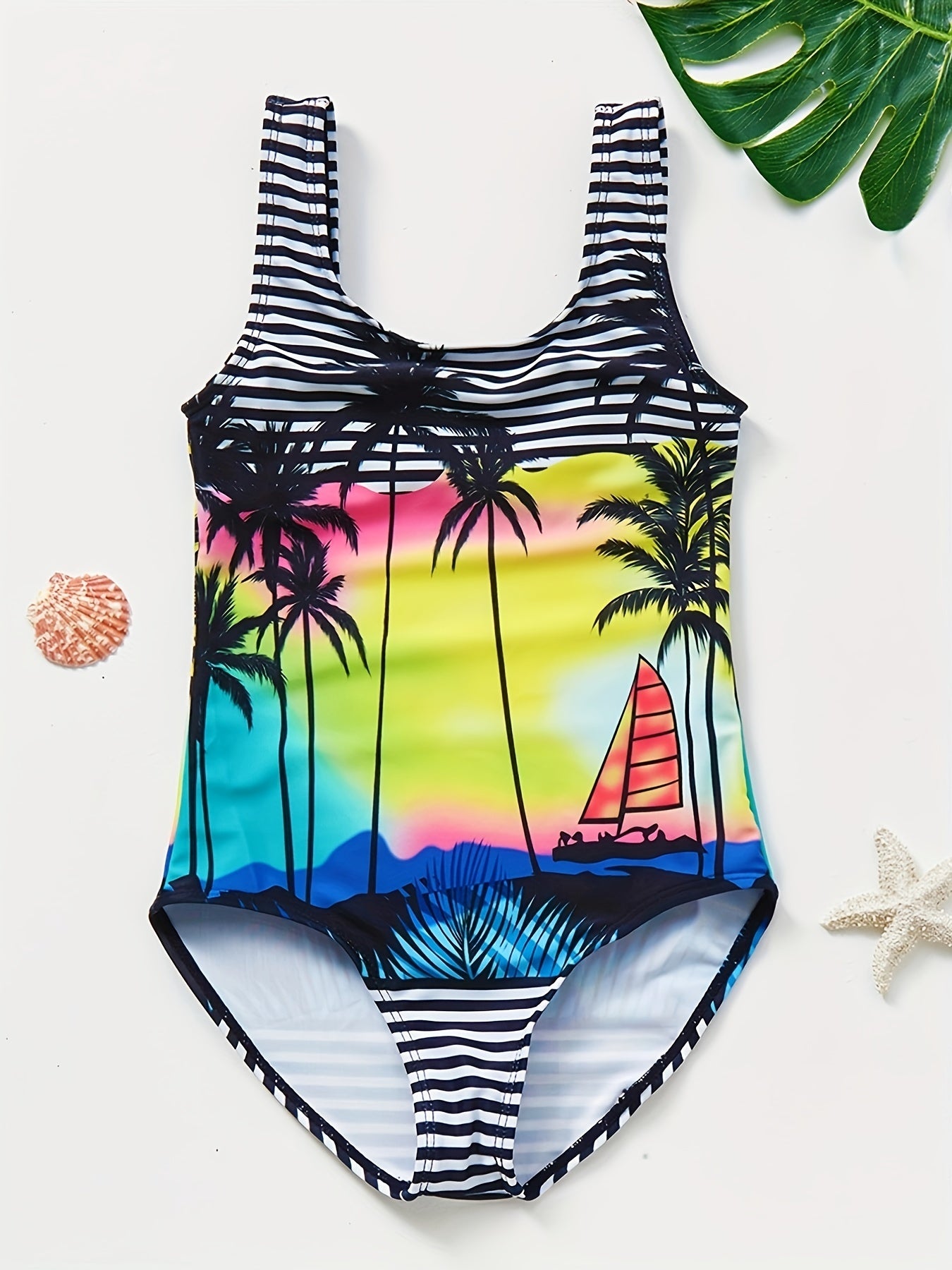 Toddler Girls Striped Coconut Tree Sleeveless Swimsuit