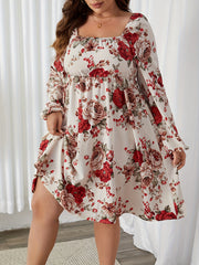  Floral Print Lantern Sleeve Square Neck Dress