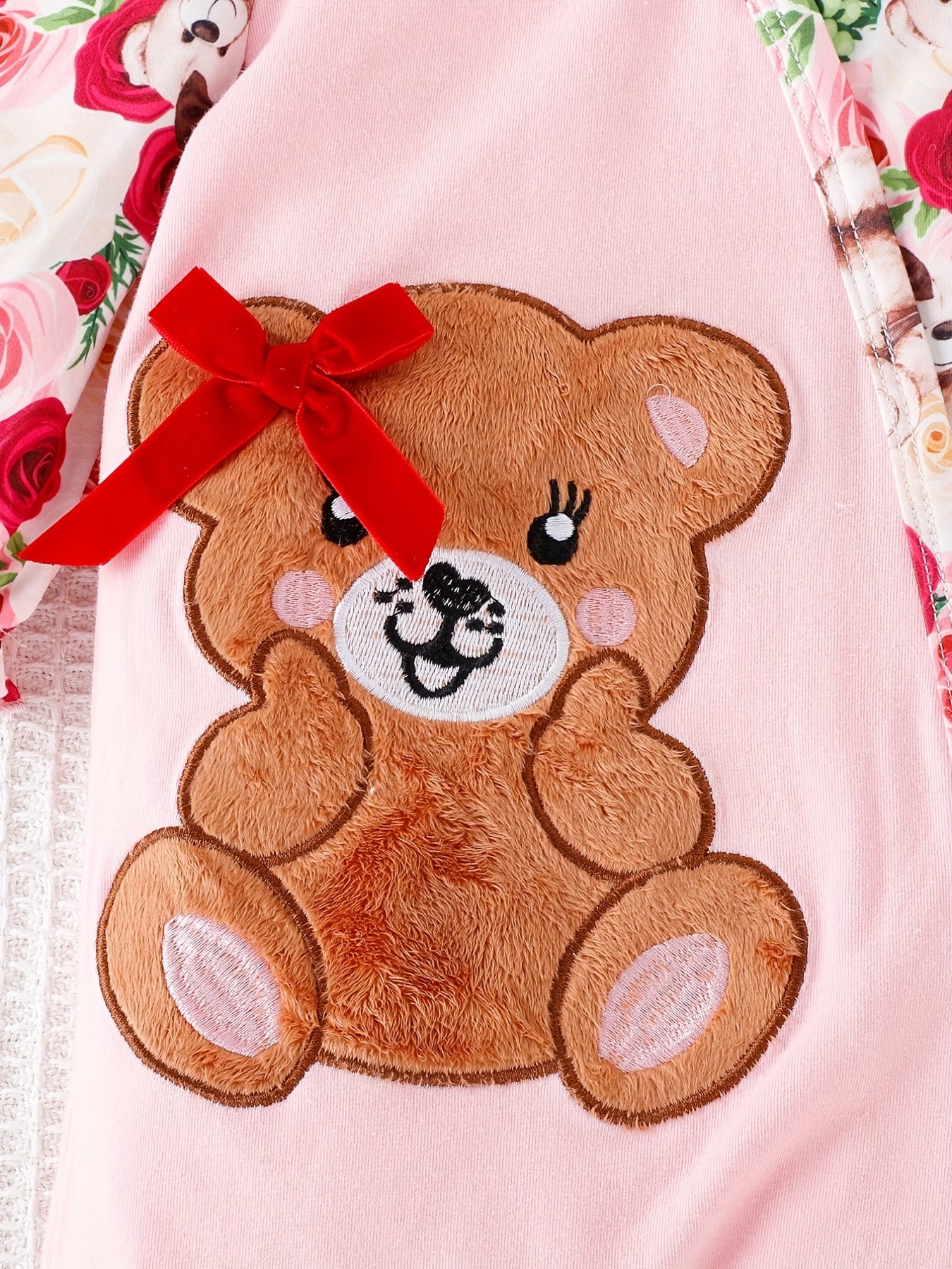 Baby Girl Bear Flower Embroidered Patchwork Button Onesie