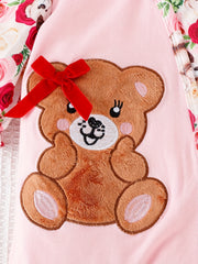 Baby Girl Bear Flower Embroidered Patchwork Button Onesie