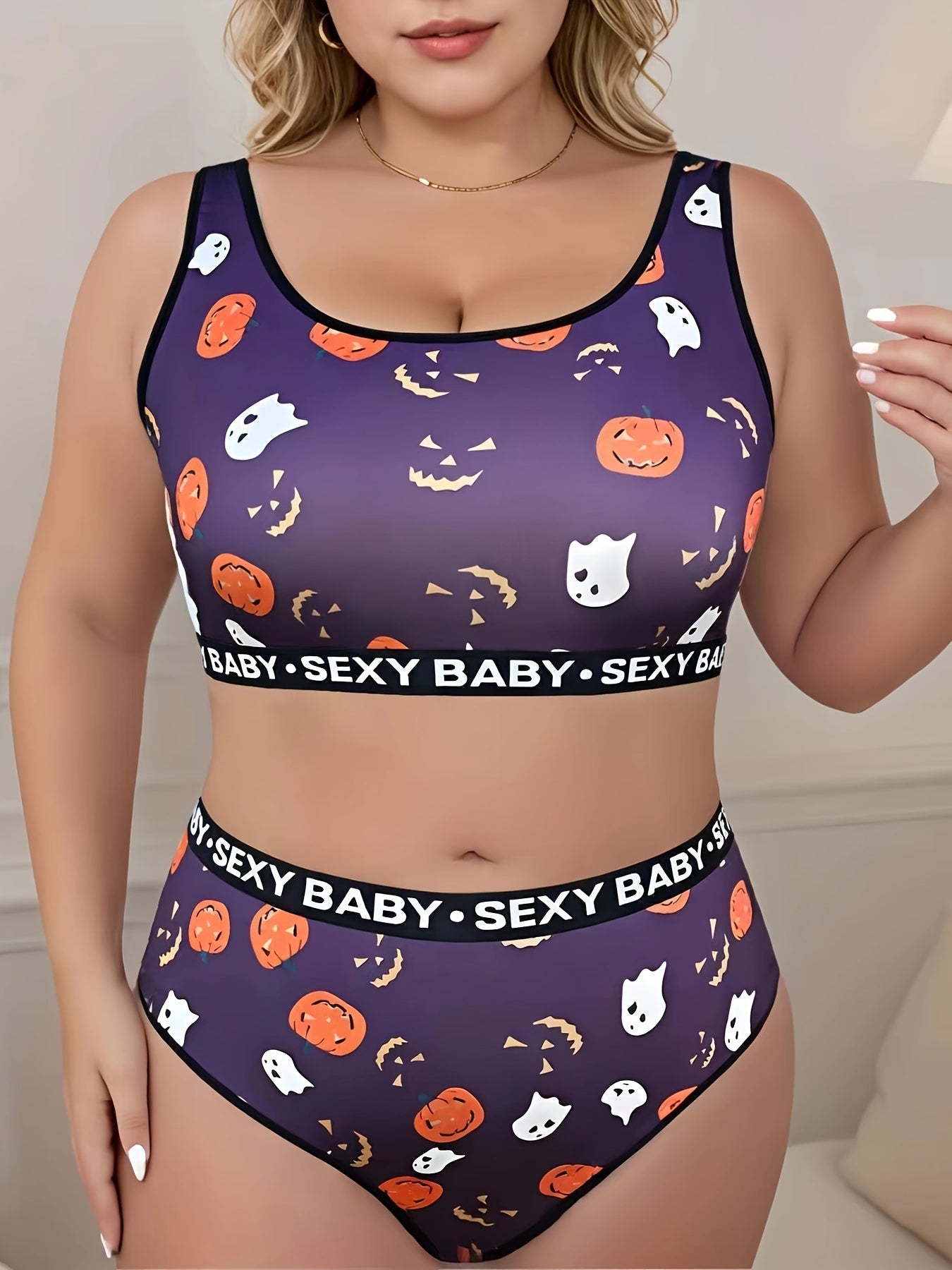  Halloween Sports Lingerie Set Women's Plus Ghost & Pumpkin Print