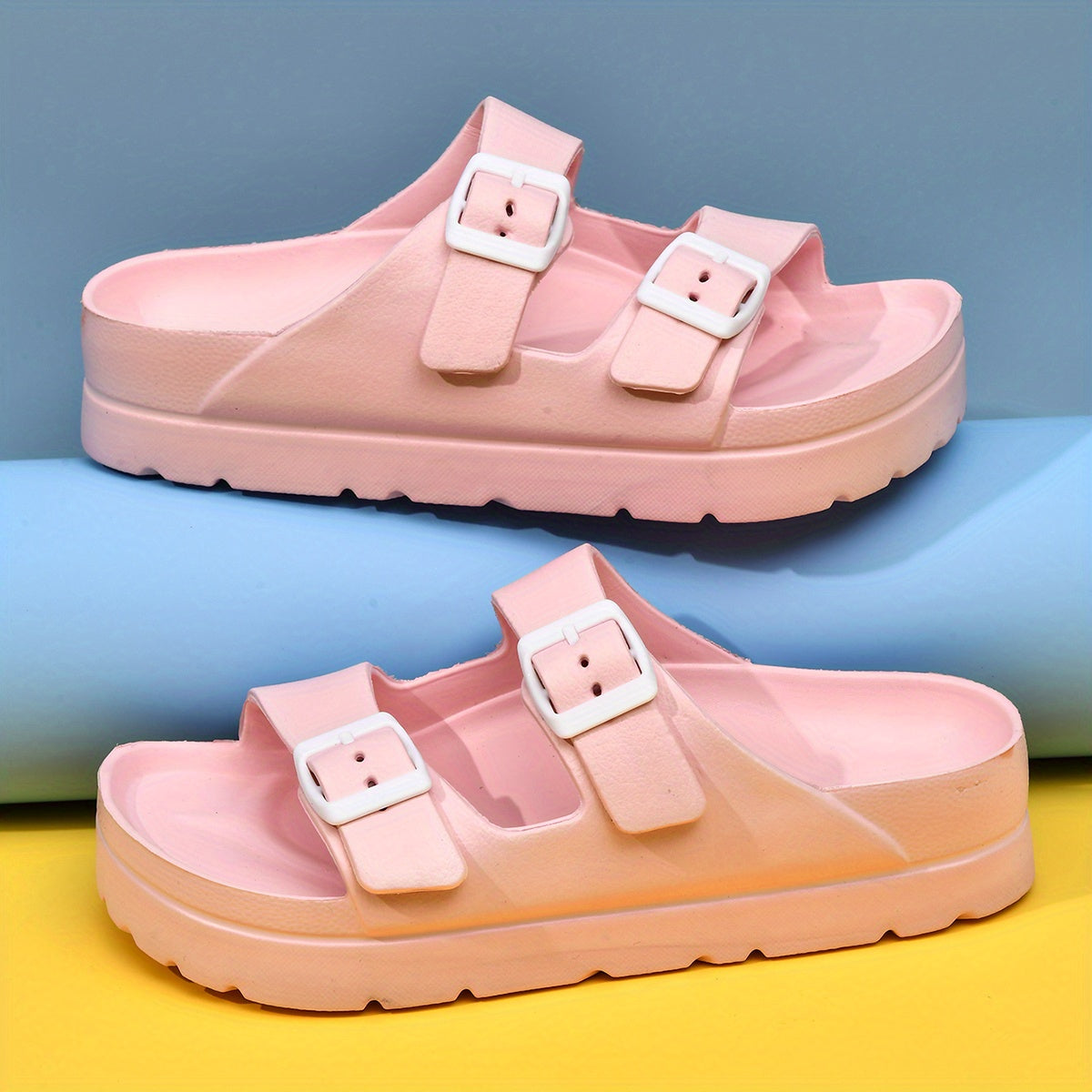 Women's Platform Footbed Sandals Double Buckle Slides Thick Bottom Slippers