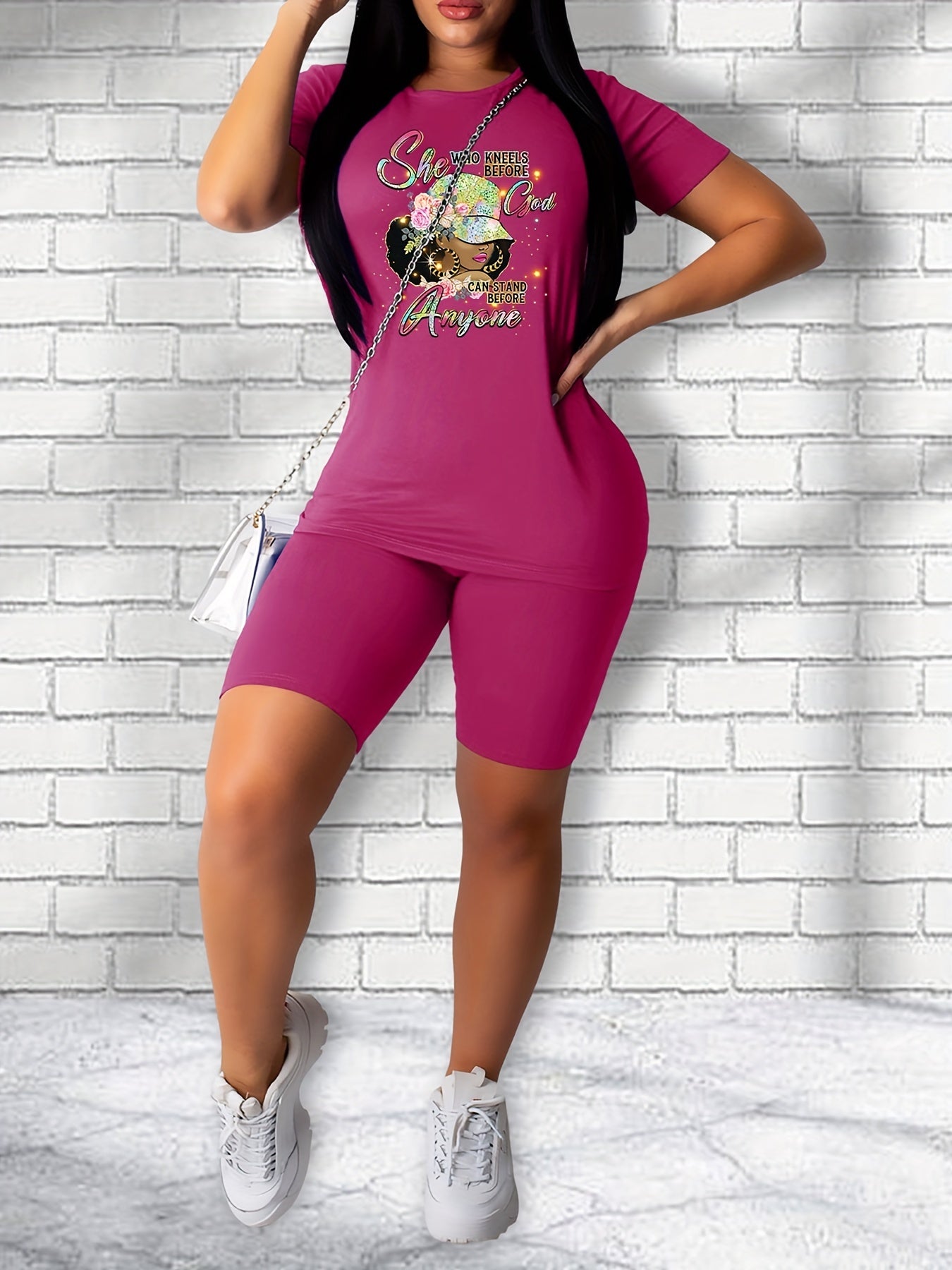 Graphic Print Tee & Slim Shorts Set Women's Clothing