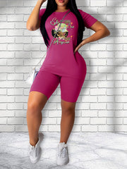Graphic Print Tee & Slim Shorts Set Women's Clothing
