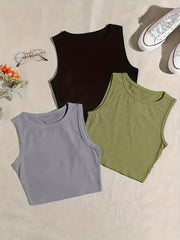 3-Pack Plus Size Basic Pajama Top Set Women's Plus Solid Round Neck Plain Crop