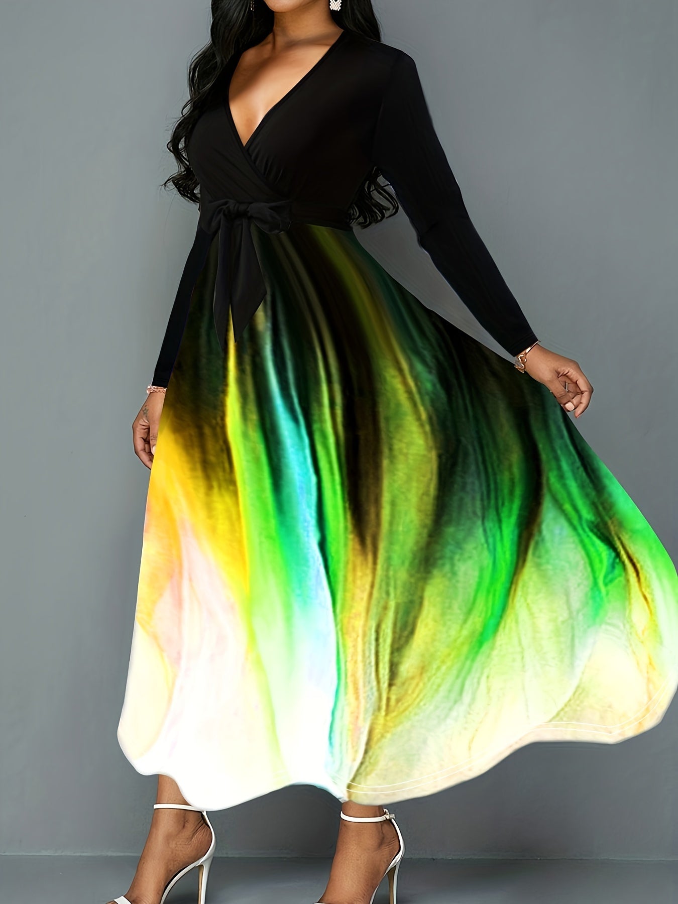  Colorblock Ombre Print Maxi Dress With Belt