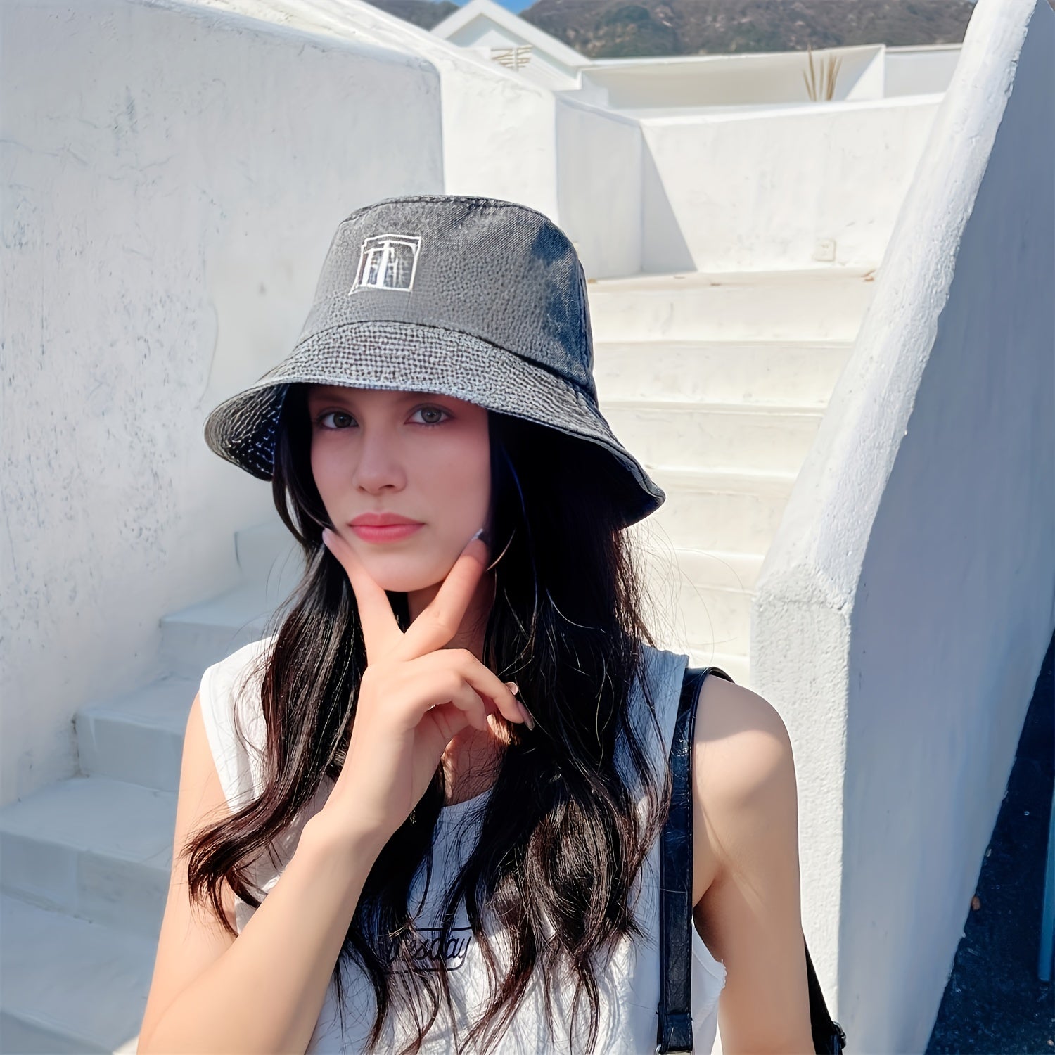 Embroidery Denim Bucket Hat Washed Distressed Vintage Basin Hat