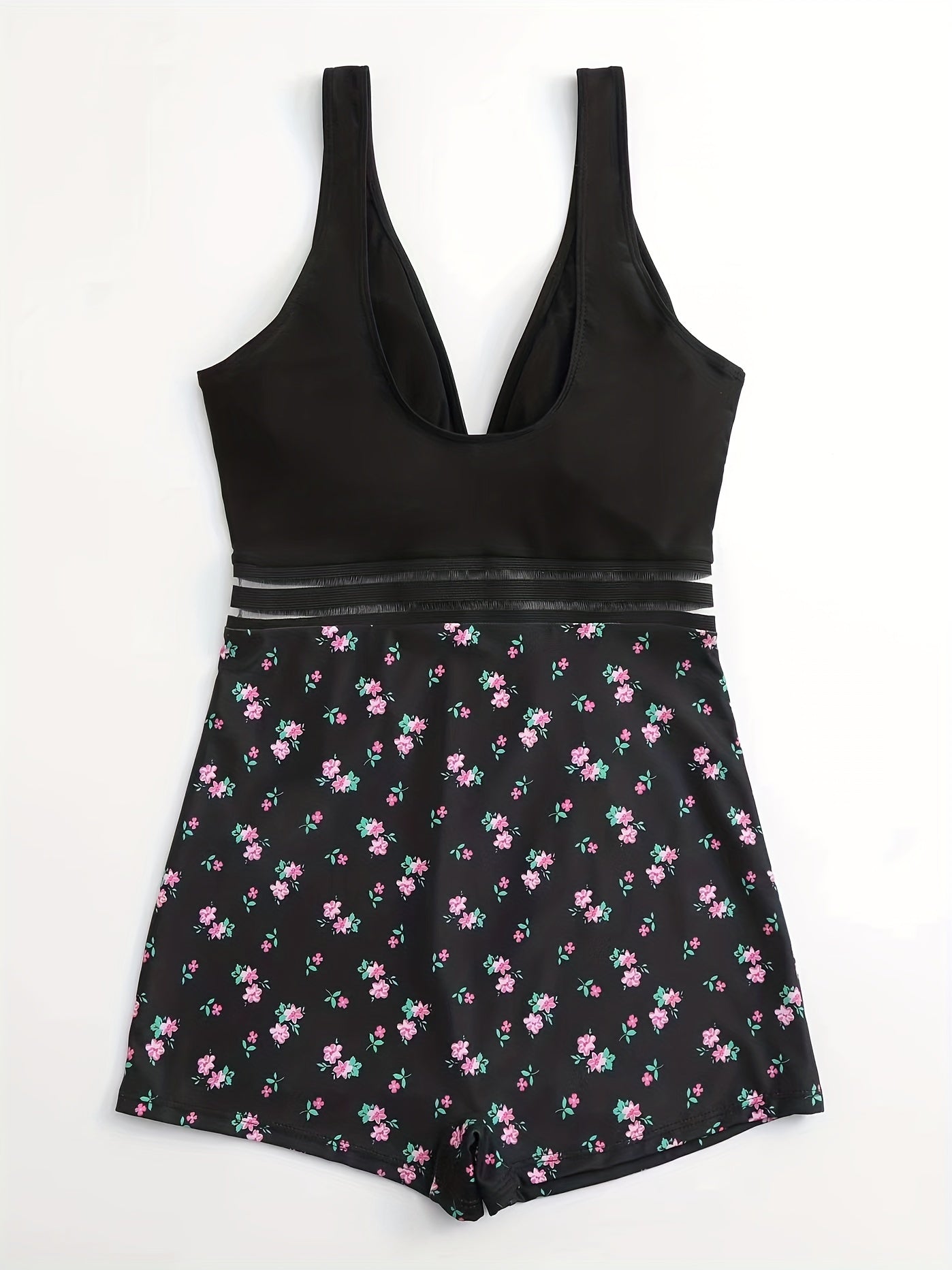  Ditsy Floral Mesh V Neck One Piece Swimsuit