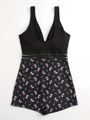  Ditsy Floral Mesh V Neck One Piece Swimsuit