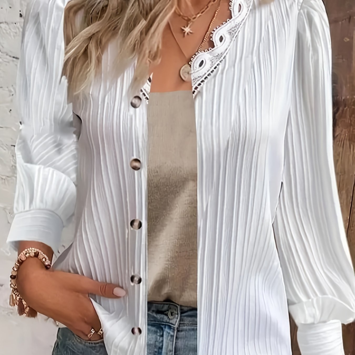  Solid Ribbed Lace Trim V Neck Top