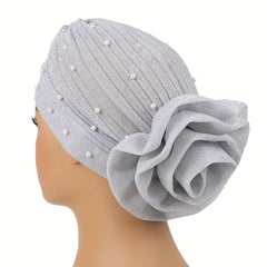 Gray Glitter Plate Flower Turban Cap Pleated Head Wrap