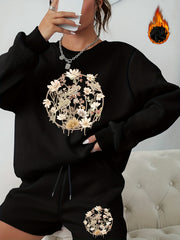  Floral Print Sweatshirt & Shorts 2 Piece Set