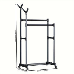 Double Pole Coat Rack With Pulley 2 Layer Clothes Rack Standing Coat Rack