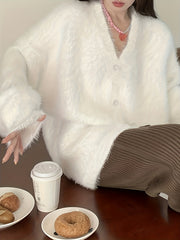 Fuzzy Button Front Knit Cardigan V Neck Long Sleeve Sweater