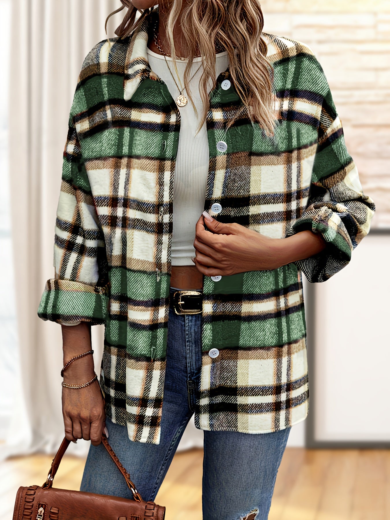  Plaid Long Sleeve Button Up Tunic Top