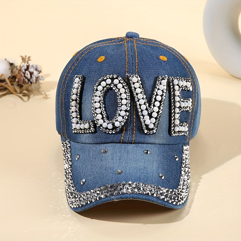 Denim Baseball Cap Faux Pearl Rhinestone Decor LOVE Distressed Sun Hat