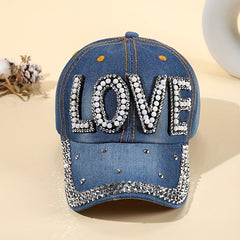 Denim Baseball Cap Faux Pearl Rhinestone Decor LOVE Distressed Sun Hat