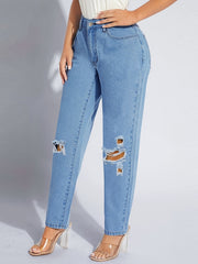  Ripped Button Up Straight Leg Jeans