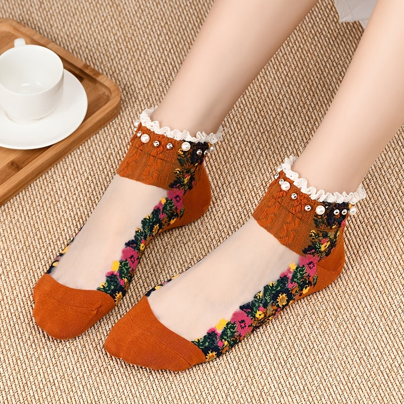Faux Pearl Lace Trim Ankle Socks Soft Women's Stockings