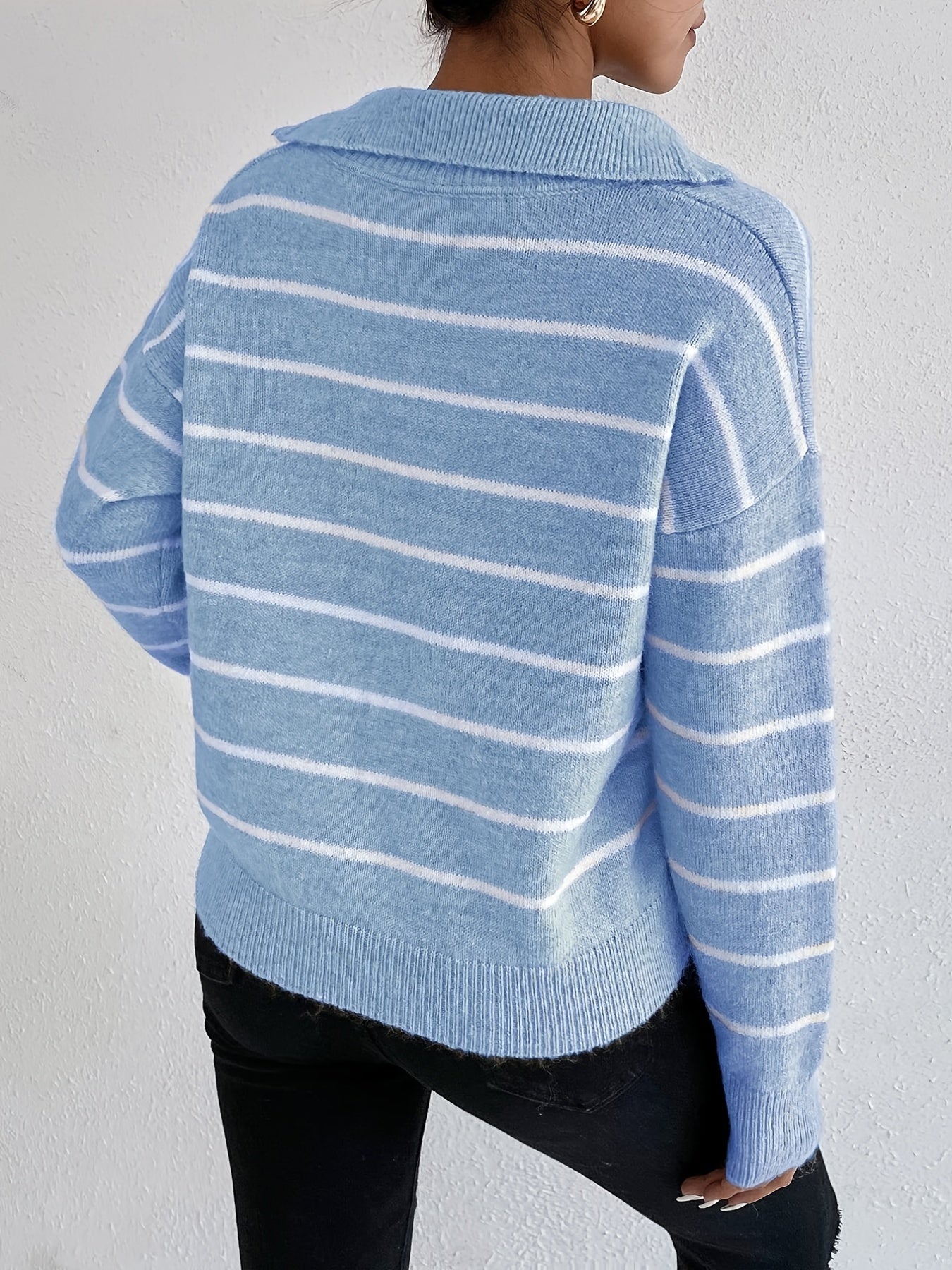 Striped Knitted Long Sleeve Polo Neck Pullover Jumper