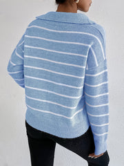  Striped Knitted Long Sleeve Polo Neck Pullover Jumper