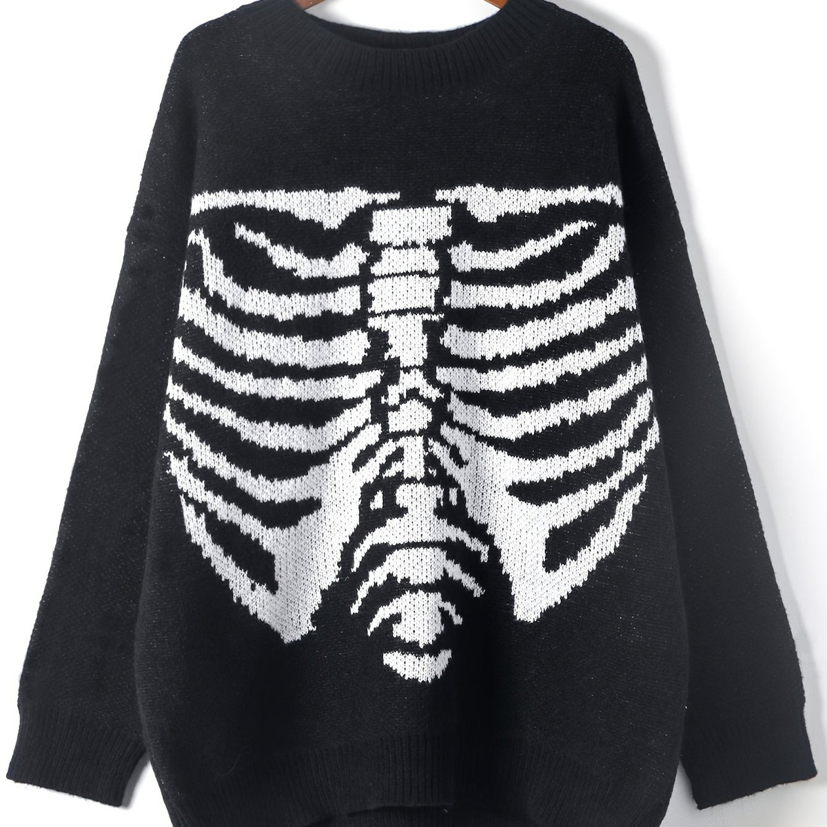  Goth Skull Print Sweater Long Sleeve Round Neck Stretch Jumper