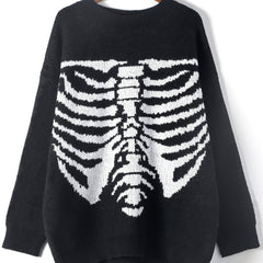  Goth Skull Print Sweater Long Sleeve Round Neck Stretch Jumper