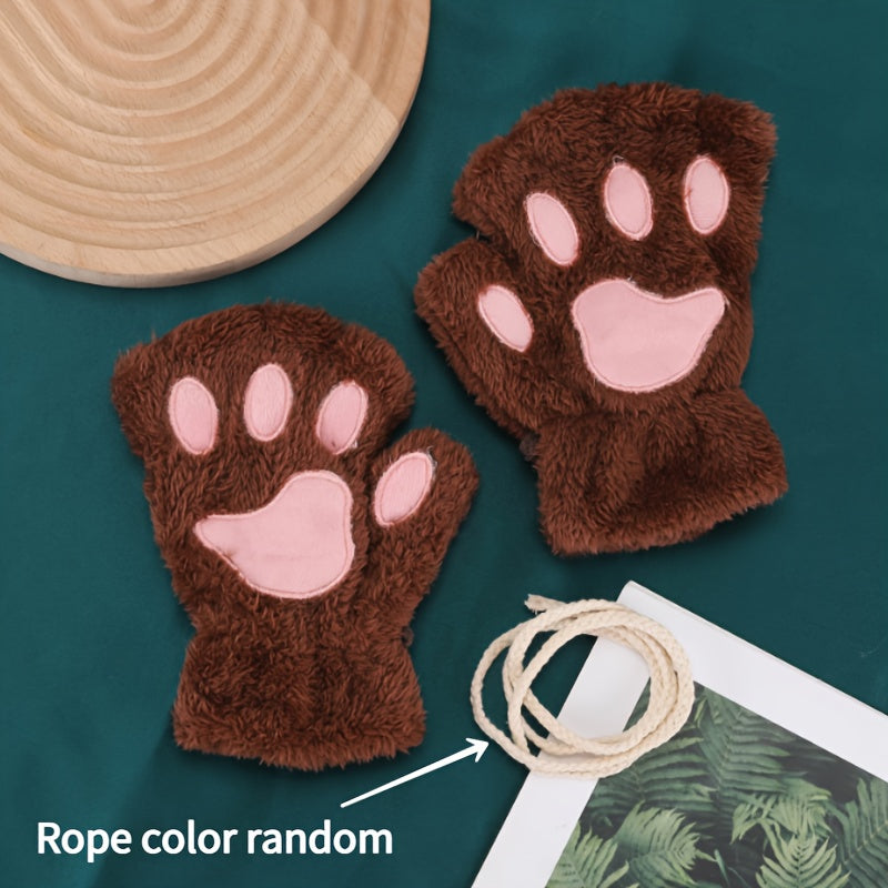 Girls Cat's Paw Gloves Soft Plush Half Finger Gloves Winter Warm Keeping Gloves