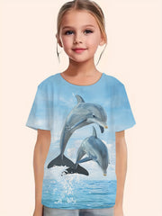 Girls Dolphin Print Short Sleeve T-shirt - Summer Sports Pullover