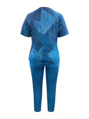  Casual Outfit: Denim Print Top & Leggings Set