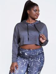  Solid Long Sleeve Stretch Hoodie Crop Top
