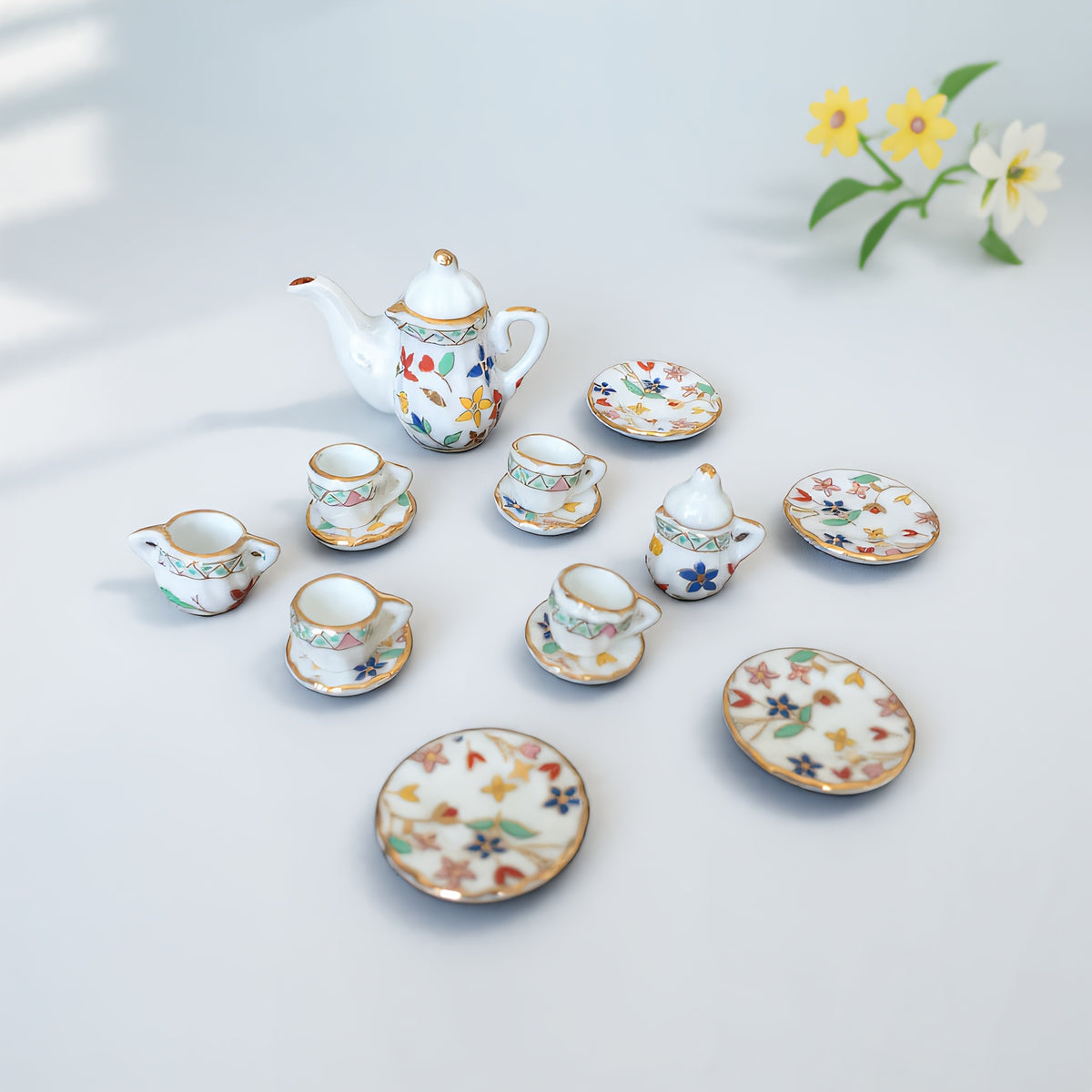 Miniature Tea Set for Dollhouse Decor, Tiny Cups & Teapot, Garden Scenes