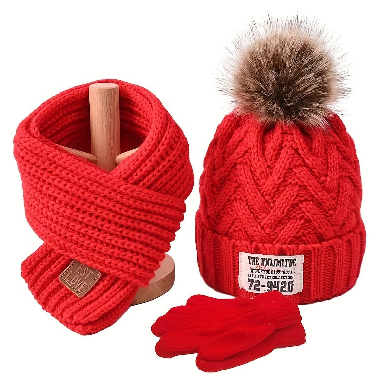 Kids 3pcs Set Plus Velvet Knitted Hat Scarf Gloves