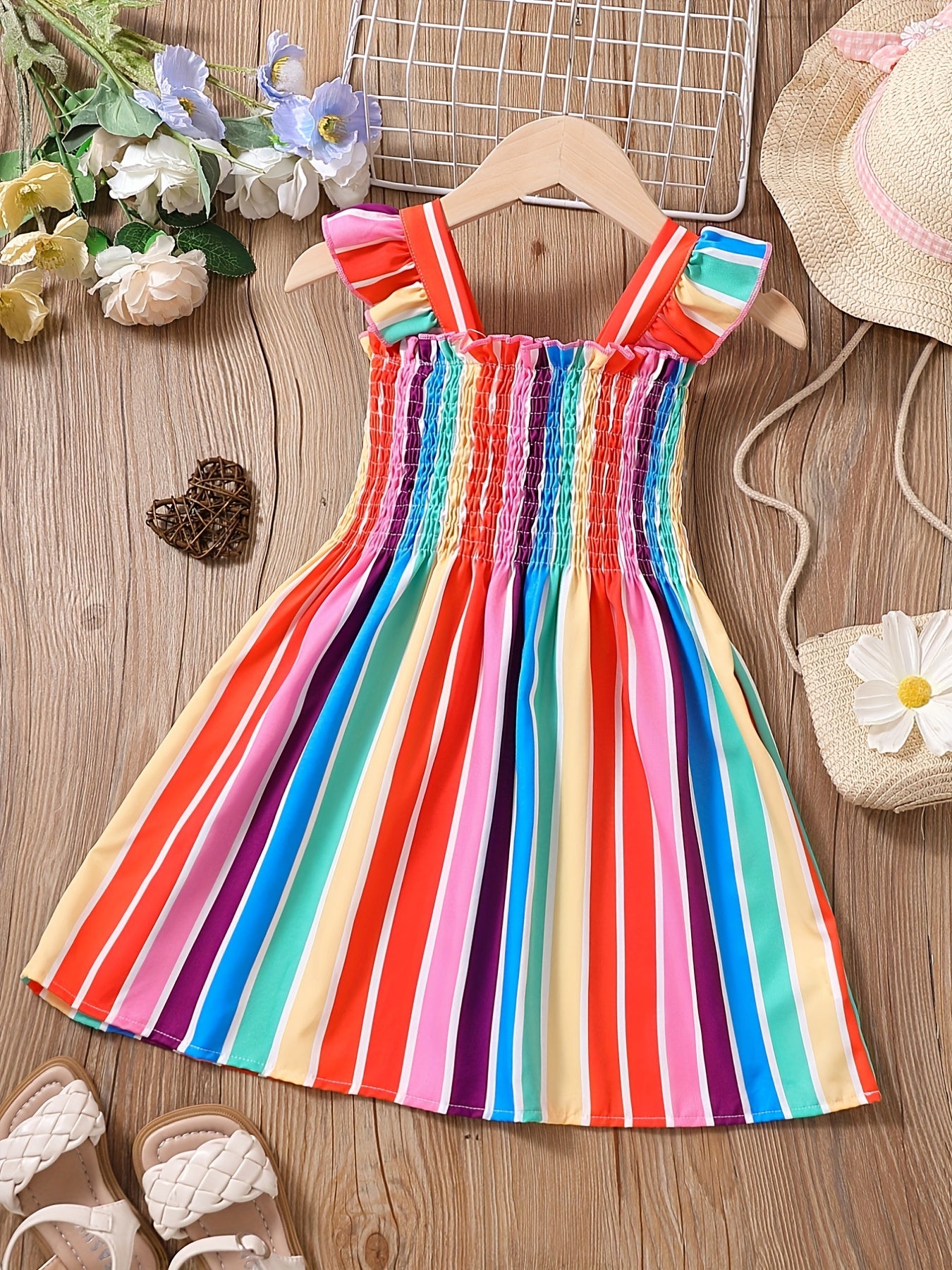 Girls Striped Sleeveless Dress Ruffles Ruched Summer Clothes